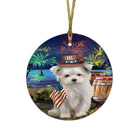 4th of July Independence Day Fireworks Maltese Dog at the Lake Round Flat Christmas Ornament RFPOR51176
