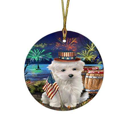 4th of July Independence Day Fireworks Maltese Dog at the Lake Round Flat Christmas Ornament RFPOR51177