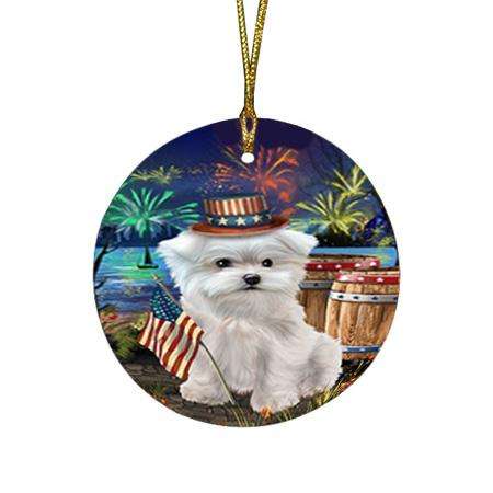 4th of July Independence Day Fireworks Maltese Dog at the Lake Round Flat Christmas Ornament RFPOR51178