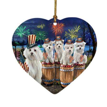 4th of July Independence Day Fireworks Malteses at the Lake Heart Christmas Ornament HPOR51042