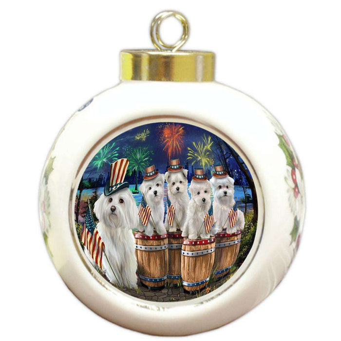 4th of July Independence Day Fireworks Malteses at the Lake Round Ball Christmas Ornament RBPOR51042