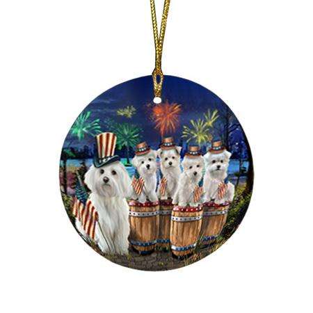 4th of July Independence Day Fireworks Malteses at the Lake Round Flat Christmas Ornament RFPOR51033