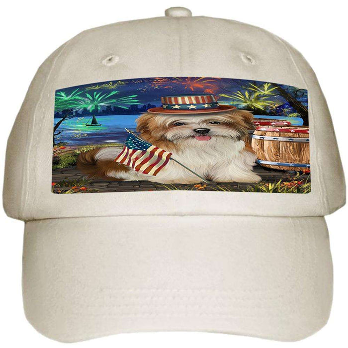 4th of July Independence Day Fireworks Malti tzu Dog at the Lake Ball Hat Cap HAT57300