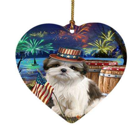 4th of July Independence Day Fireworks Malti tzu Dog at the Lake Heart Christmas Ornament HPOR51192