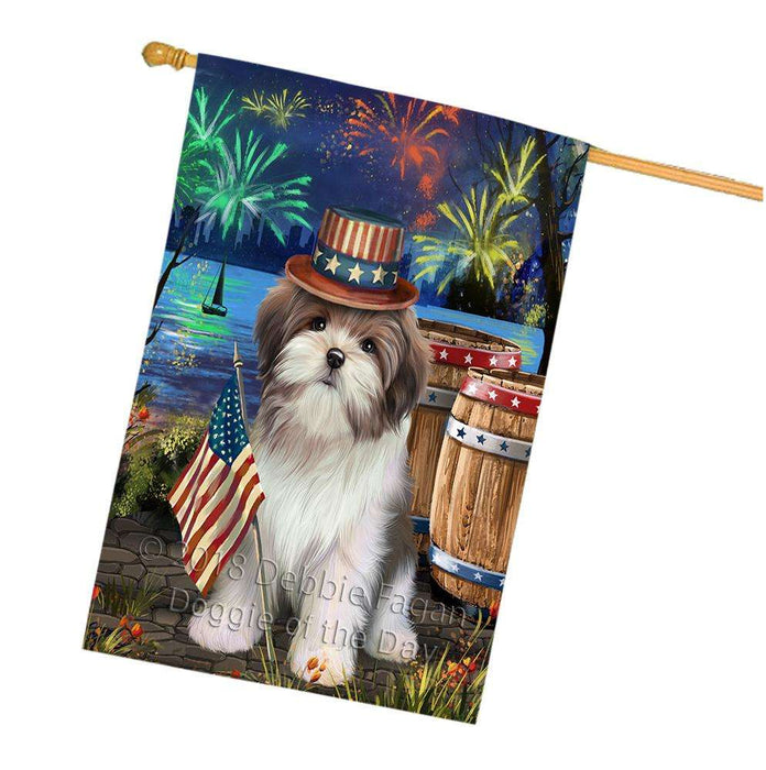 4th of July Independence Day Fireworks Malti tzu Dog at the Lake House Flag FLG51249