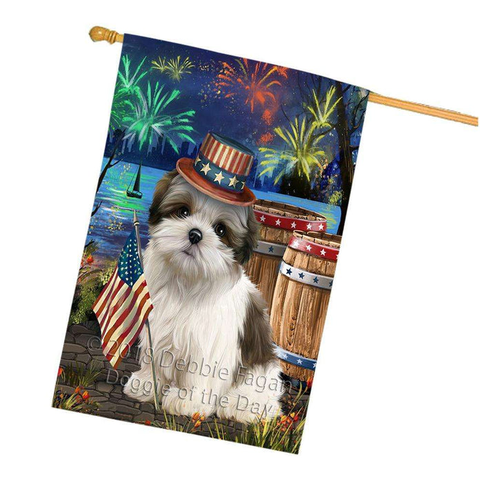 4th of July Independence Day Fireworks Malti tzu Dog at the Lake House Flag FLG51250