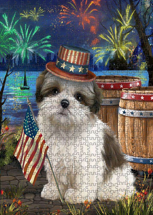 4th of July Independence Day Fireworks Malti tzu Dog at the Lake Puzzle with Photo Tin PUZL57438