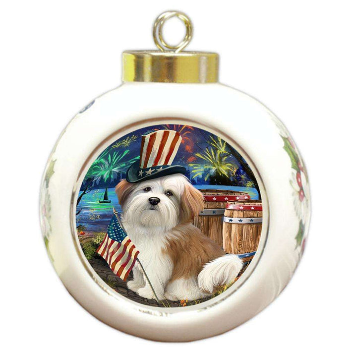 4th of July Independence Day Fireworks Malti tzu Dog at the Lake Round Ball Christmas Ornament RBPOR51188