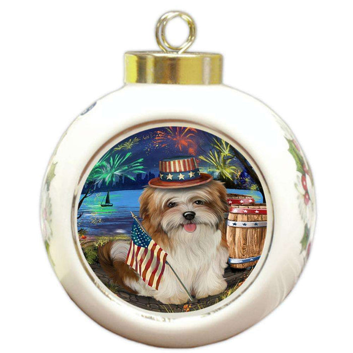 4th of July Independence Day Fireworks Malti tzu Dog at the Lake Round Ball Christmas Ornament RBPOR51189