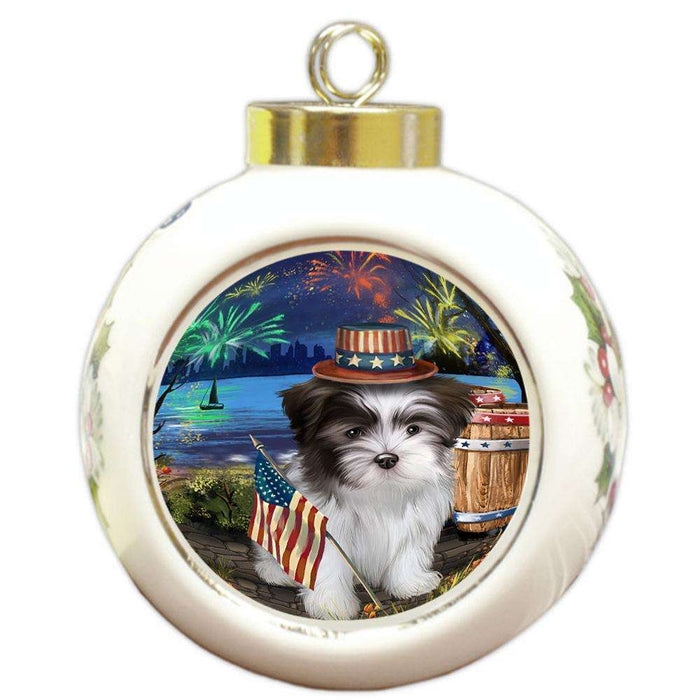 4th of July Independence Day Fireworks Malti tzu Dog at the Lake Round Ball Christmas Ornament RBPOR51190