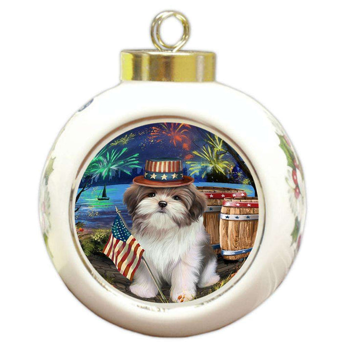 4th of July Independence Day Fireworks Malti tzu Dog at the Lake Round Ball Christmas Ornament RBPOR51191