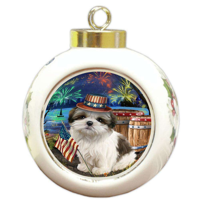4th of July Independence Day Fireworks Malti tzu Dog at the Lake Round Ball Christmas Ornament RBPOR51192