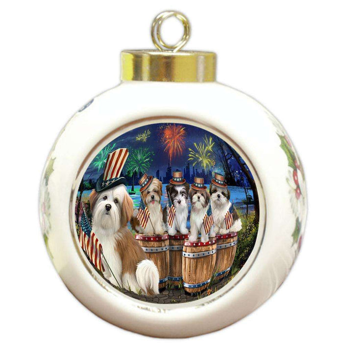 4th of July Independence Day Fireworks Malti Tzus at the Lake Round Ball Christmas Ornament RBPOR51043