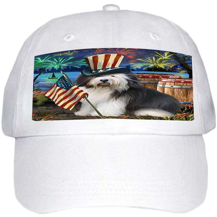 4th of July Independence Day Fireworks Old English Sheepdog at the Lake Ball Hat Cap HAT56679