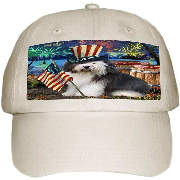 4th of July Independence Day Fireworks Old English Sheepdog at the Lake Ball Hat Cap HAT56679