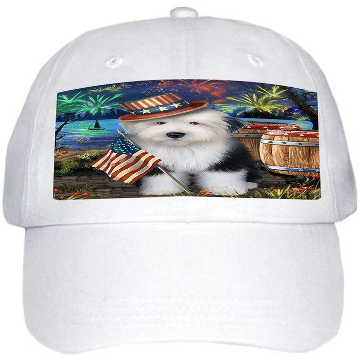 4th of July Independence Day Fireworks Old English Sheepdog at the Lake Ball Hat Cap HAT56682