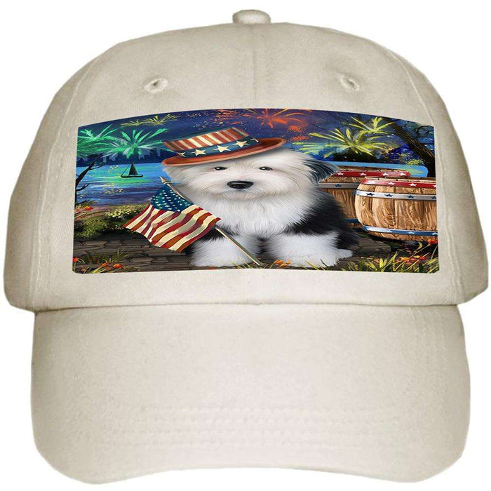 4th of July Independence Day Fireworks Old English Sheepdog at the Lake Ball Hat Cap HAT56682