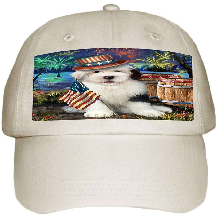 4th of July Independence Day Fireworks Old English Sheepdog at the Lake Ball Hat Cap HAT56685