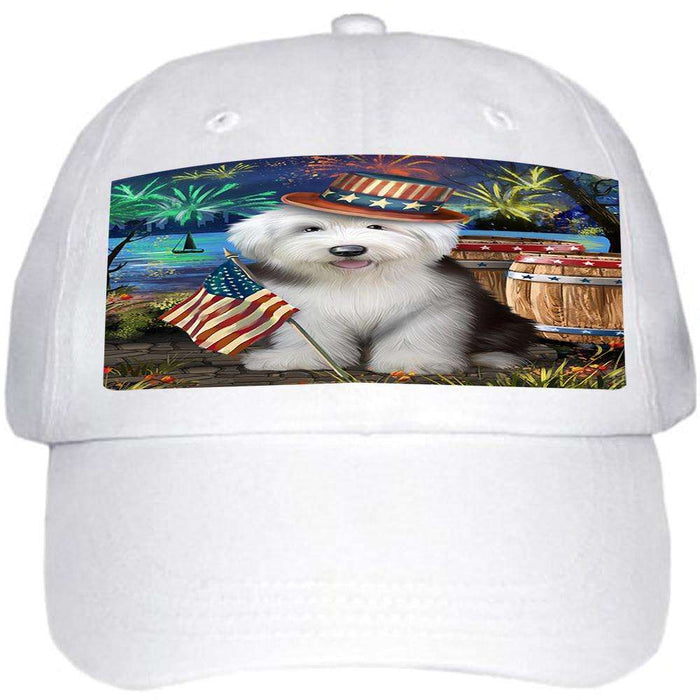 4th of July Independence Day Fireworks Old English Sheepdog at the Lake Ball Hat Cap HAT56688