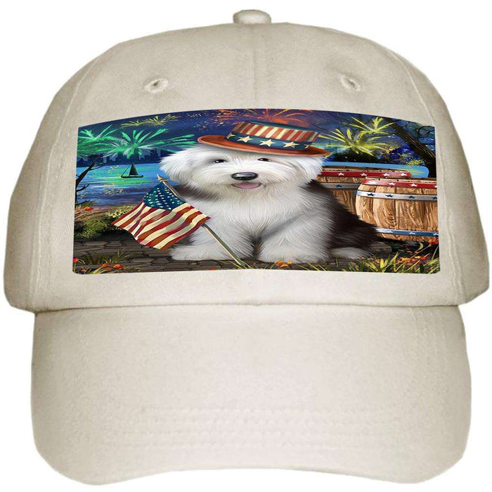 4th of July Independence Day Fireworks Old English Sheepdog at the Lake Ball Hat Cap HAT56688