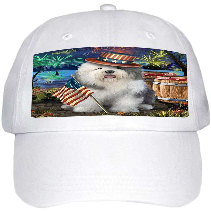 4th of July Independence Day Fireworks Old English Sheepdog at the Lake Ball Hat Cap HAT56691