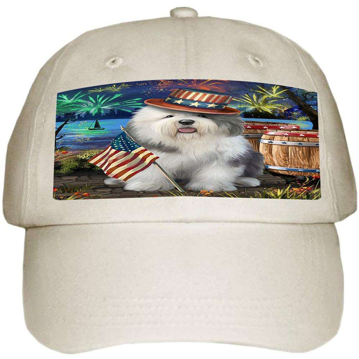 4th of July Independence Day Fireworks Old English Sheepdog at the Lake Ball Hat Cap HAT56691