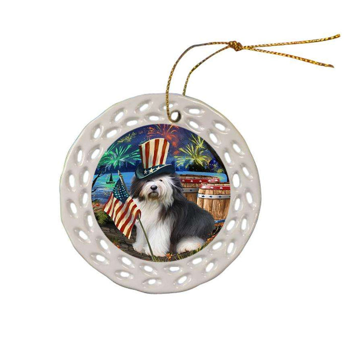 4th of July Independence Day Fireworks Old English Sheepdog at the Lake Ceramic Doily Ornament DPOR50982
