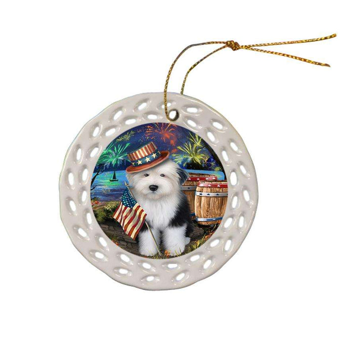 4th of July Independence Day Fireworks Old English Sheepdog at the Lake Ceramic Doily Ornament DPOR50983