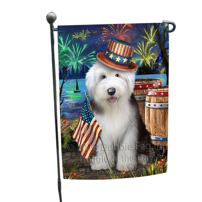 4th of July Independence Day Fireworks  Old English Sheepdog at the Lake Garden Flag GFLG50907