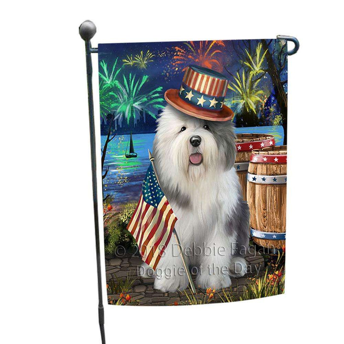 4th of July Independence Day Fireworks  Old English Sheepdog at the Lake Garden Flag GFLG50908