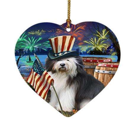4th of July Independence Day Fireworks Old English Sheepdog at the Lake Heart Christmas Ornament HPOR50982