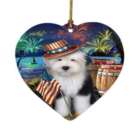 4th of July Independence Day Fireworks Old English Sheepdog at the Lake Heart Christmas Ornament HPOR50983