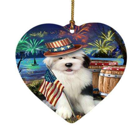 4th of July Independence Day Fireworks Old English Sheepdog at the Lake Heart Christmas Ornament HPOR50984