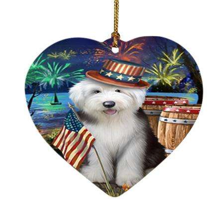 4th of July Independence Day Fireworks Old English Sheepdog at the Lake Heart Christmas Ornament HPOR50985