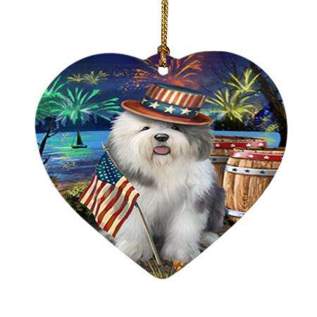4th of July Independence Day Fireworks Old English Sheepdog at the Lake Heart Christmas Ornament HPOR50986