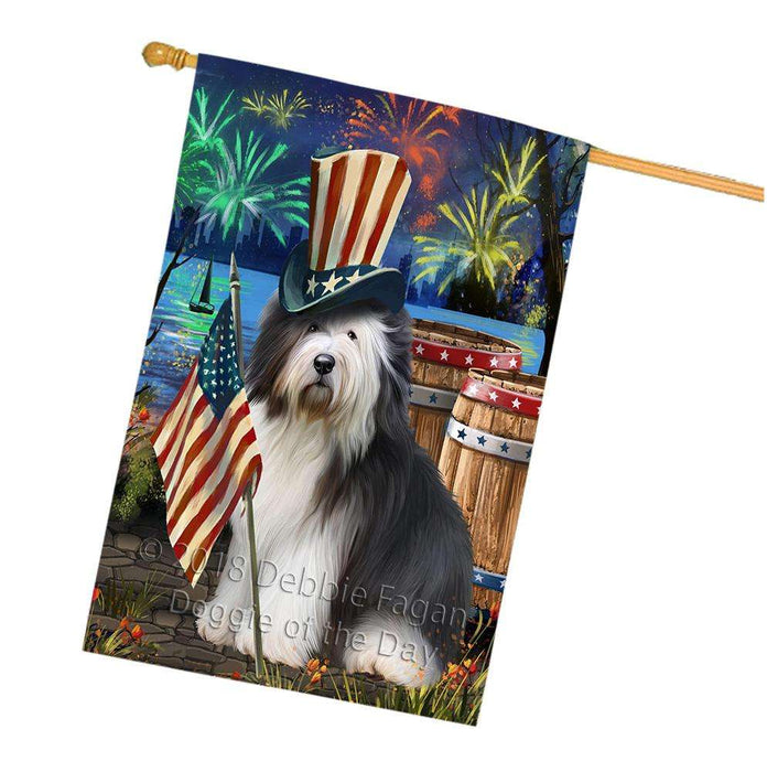 4th of July Independence Day Fireworks  Old English Sheepdog at the Lake House Flag FLG51040