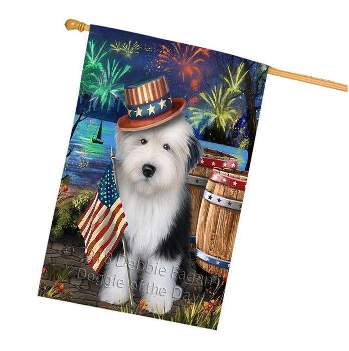 4th of July Independence Day Fireworks  Old English Sheepdog at the Lake House Flag FLG51041