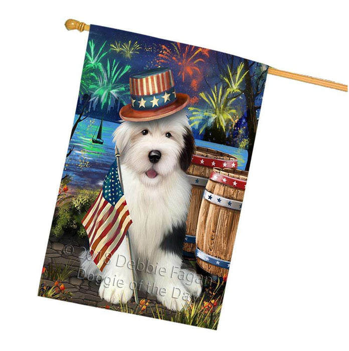 4th of July Independence Day Fireworks  Old English Sheepdog at the Lake House Flag FLG51042
