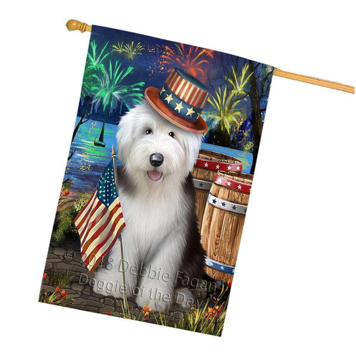 4th of July Independence Day Fireworks  Old English Sheepdog at the Lake House Flag FLG51043