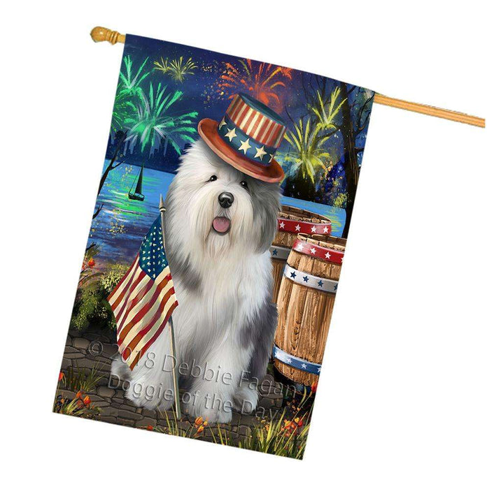 4th of July Independence Day Fireworks  Old English Sheepdog at the Lake House Flag FLG51044