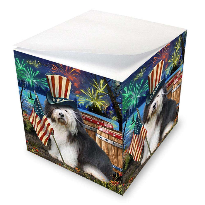4th of July Independence Day Fireworks Old English Sheepdog at the Lake Note Cube NOC50982