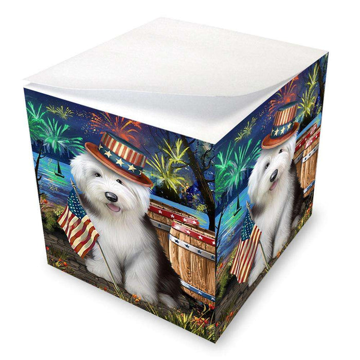 4th of July Independence Day Fireworks Old English Sheepdog at the Lake Note Cube NOC50985