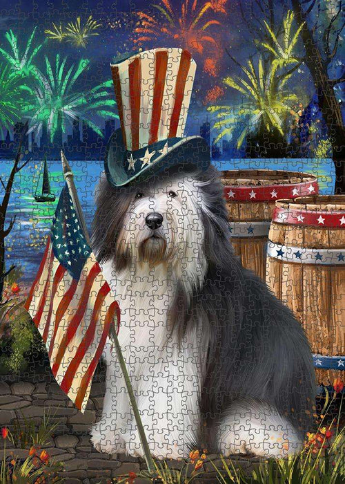 4th of July Independence Day Fireworks Old English Sheepdog at the Lake Puzzle with Photo Tin PUZL56808