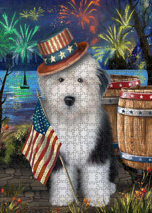4th of July Independence Day Fireworks Old English Sheepdog at the Lake Puzzle with Photo Tin PUZL56811