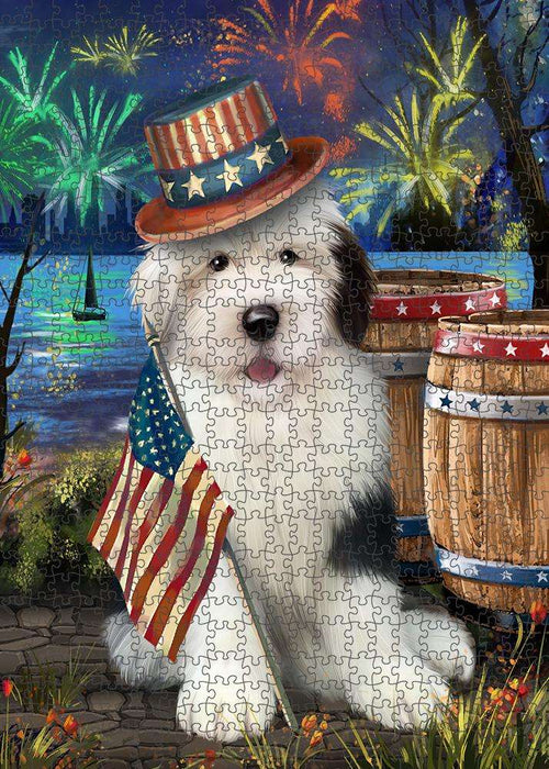 4th of July Independence Day Fireworks Old English Sheepdog at the Lake Puzzle with Photo Tin PUZL56814