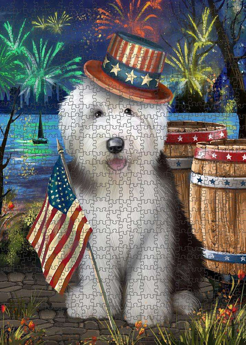 4th of July Independence Day Fireworks Old English Sheepdog at the Lake Puzzle with Photo Tin PUZL56817