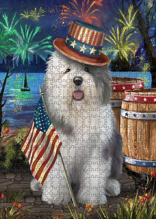 4th of July Independence Day Fireworks Old English Sheepdog at the Lake Puzzle with Photo Tin PUZL56820