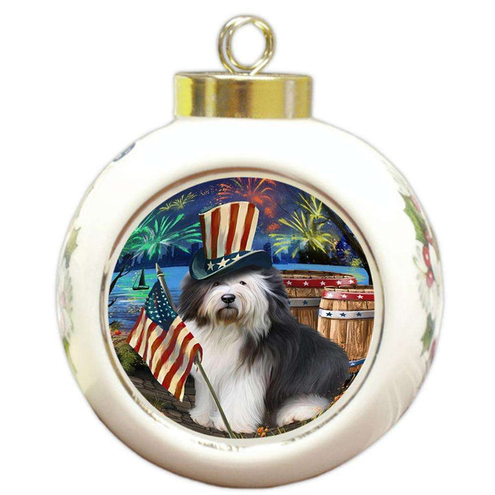4th of July Independence Day Fireworks Old English Sheepdog at the Lake Round Ball Christmas Ornament RBPOR50982