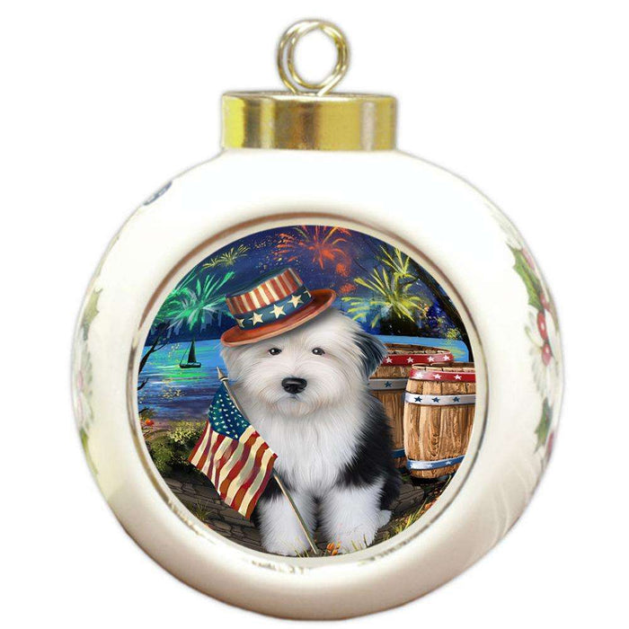 4th of July Independence Day Fireworks Old English Sheepdog at the Lake Round Ball Christmas Ornament RBPOR50983