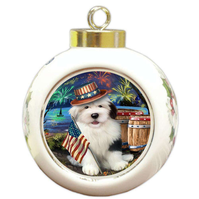 4th of July Independence Day Fireworks Old English Sheepdog at the Lake Round Ball Christmas Ornament RBPOR50984